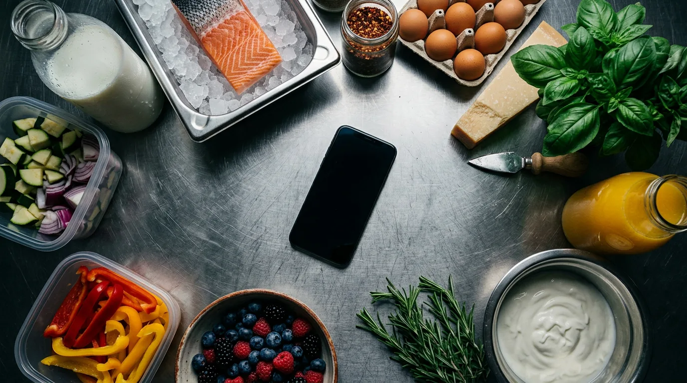 A phone showing the Kimari app on a steel prep counter, surrounded by chilled food